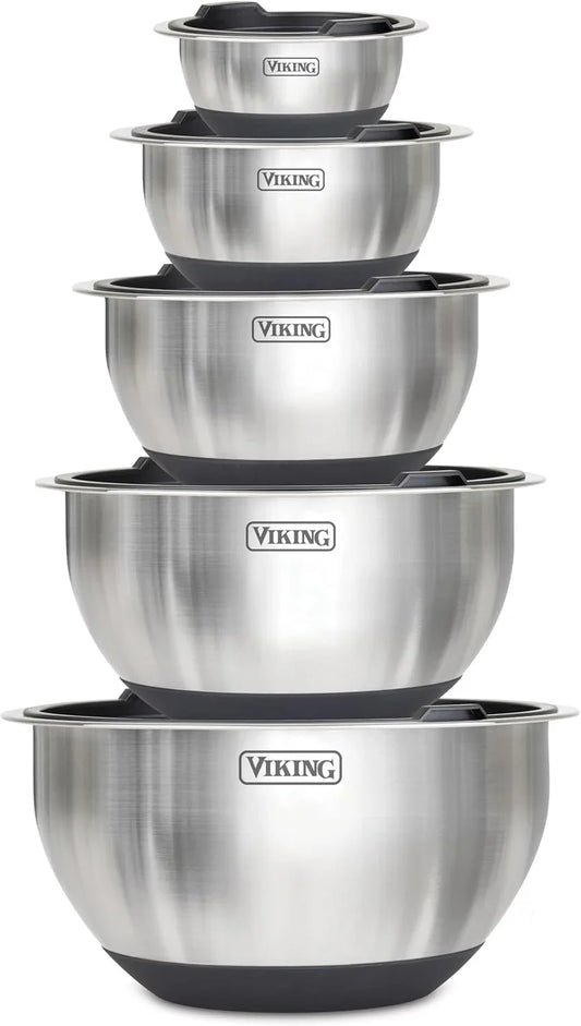 Mixing Bowls Set, 10 Piece Stainless Steel Kitchen Cookware, Non-Slip Silicone Base, Includes Tight Fit Lids, Dishwasher Safe, Black