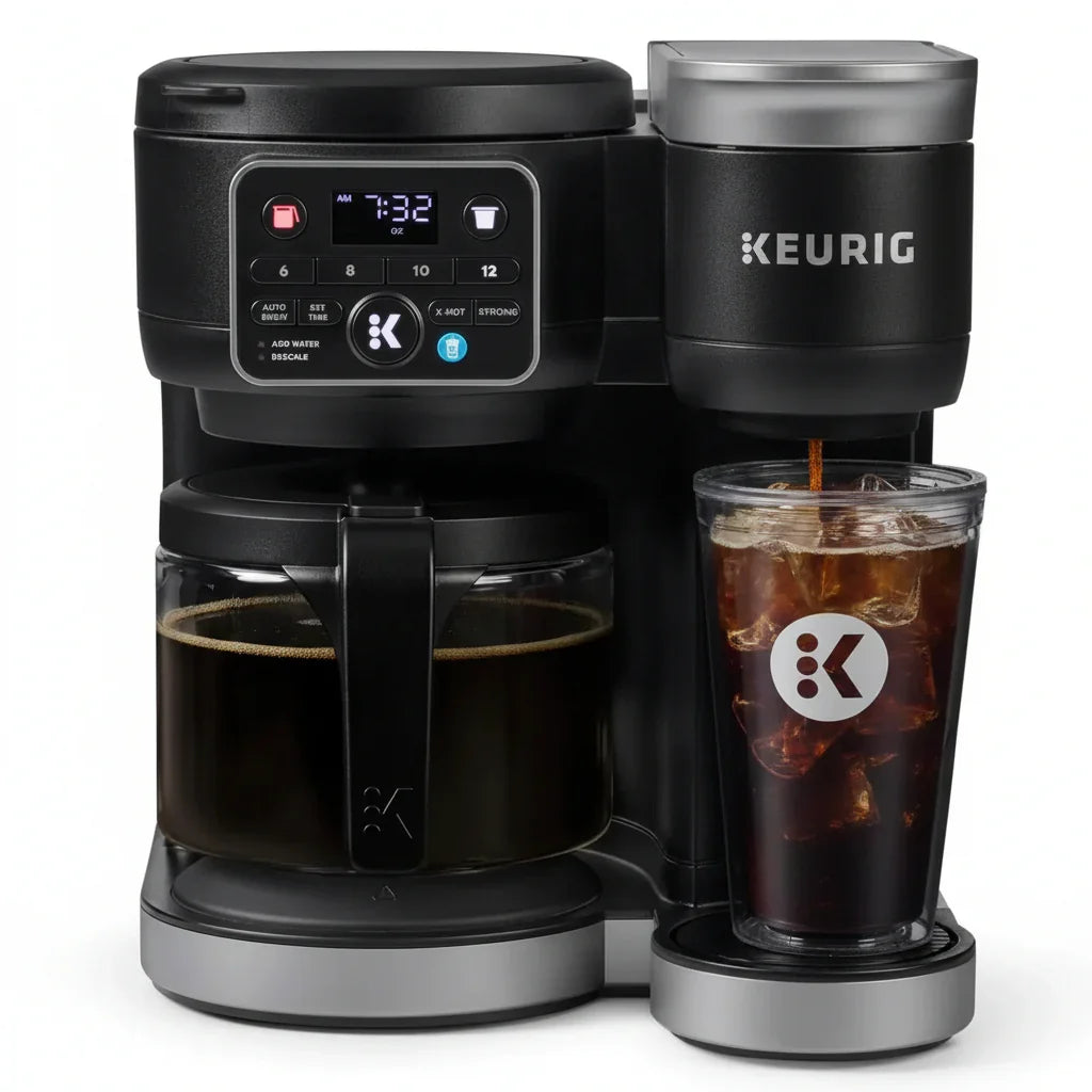 Keurig coffee maker brewing iced coffee into branded tumbler with digital display and carafe