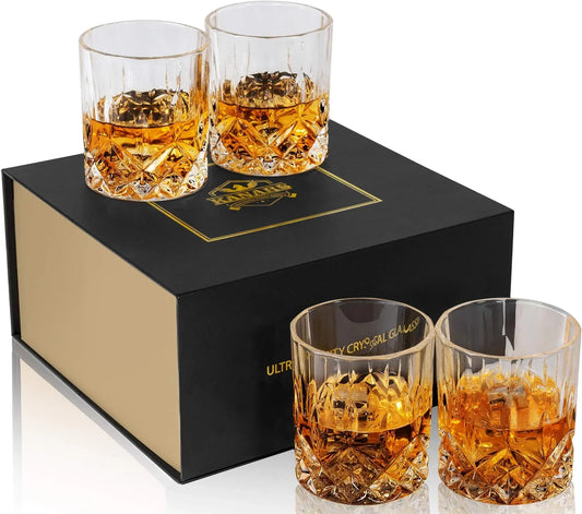 Old Fashioned Whiskey Glasses with Luxury Box - 10 Oz Rocks Barware for Scotch, Bourbon, Liquor and Cocktail Drinks - Set of 4 - Men Gift