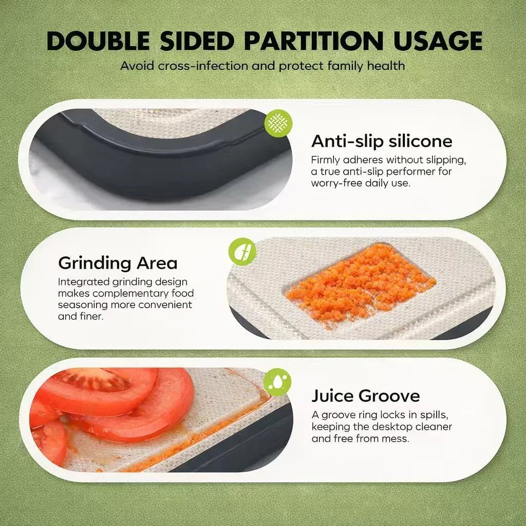 Double-sided kitchen cutting board with anti-slip silicone, grinding area, and juice groove for mess-free prep