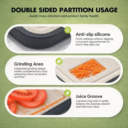 Double-sided kitchen cutting board with anti-slip silicone, grinding area, and juice groove for mess-free prep