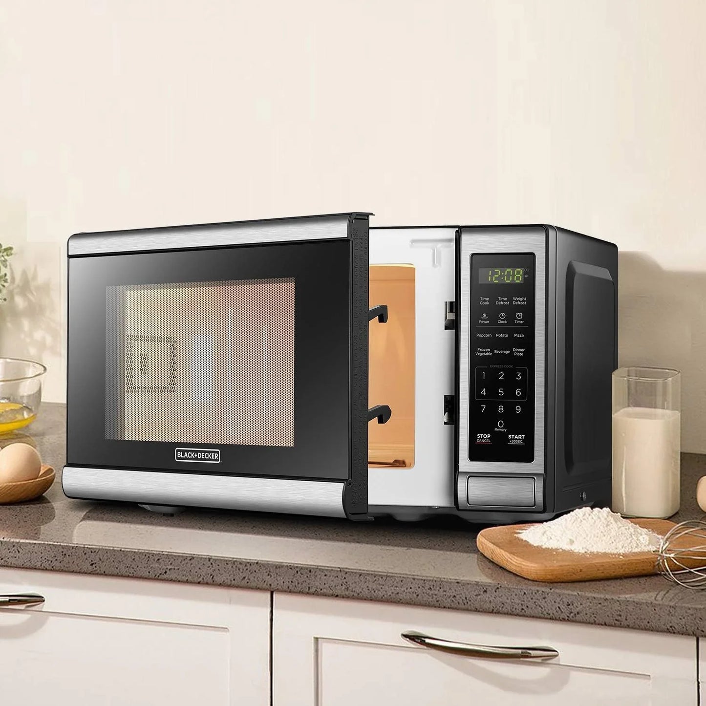 EM720CB7 Digital Microwave Oven with Turntable Push-Button Door, Child Safety Lock, 700W, Stainless Steel, 0.7 Cu.Ft