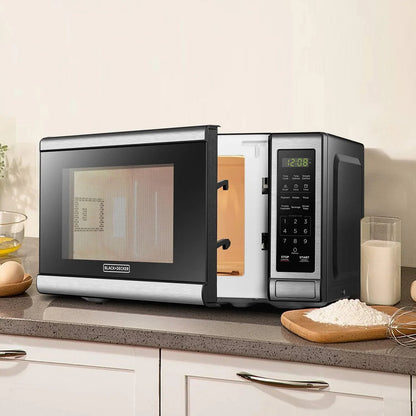 EM720CB7 Digital Microwave Oven with Turntable Push-Button Door, Child Safety Lock, 700W, Stainless Steel, 0.7 Cu.Ft