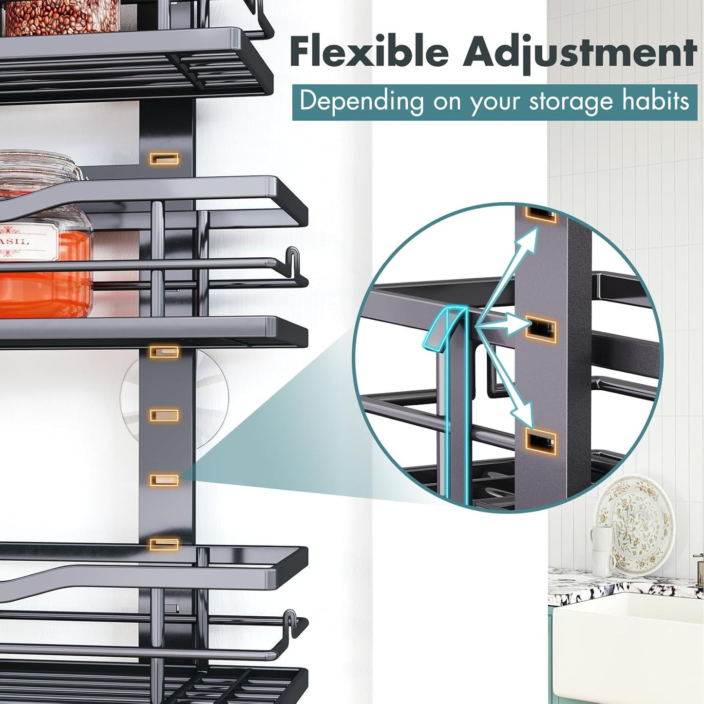Over the Door Pantry Organizer，9-Tier over the Door Organizer with Adjustable Basket，Metal Hanging Pantry Organizers and Storage for Kitchen, Back of Door Seasoning Rack (Black)