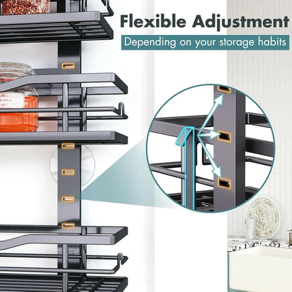 Over the Door Pantry Organizer，9-Tier over the Door Organizer with Adjustable Basket，Metal Hanging Pantry Organizers and Storage for Kitchen, Back of Door Seasoning Rack (Black)