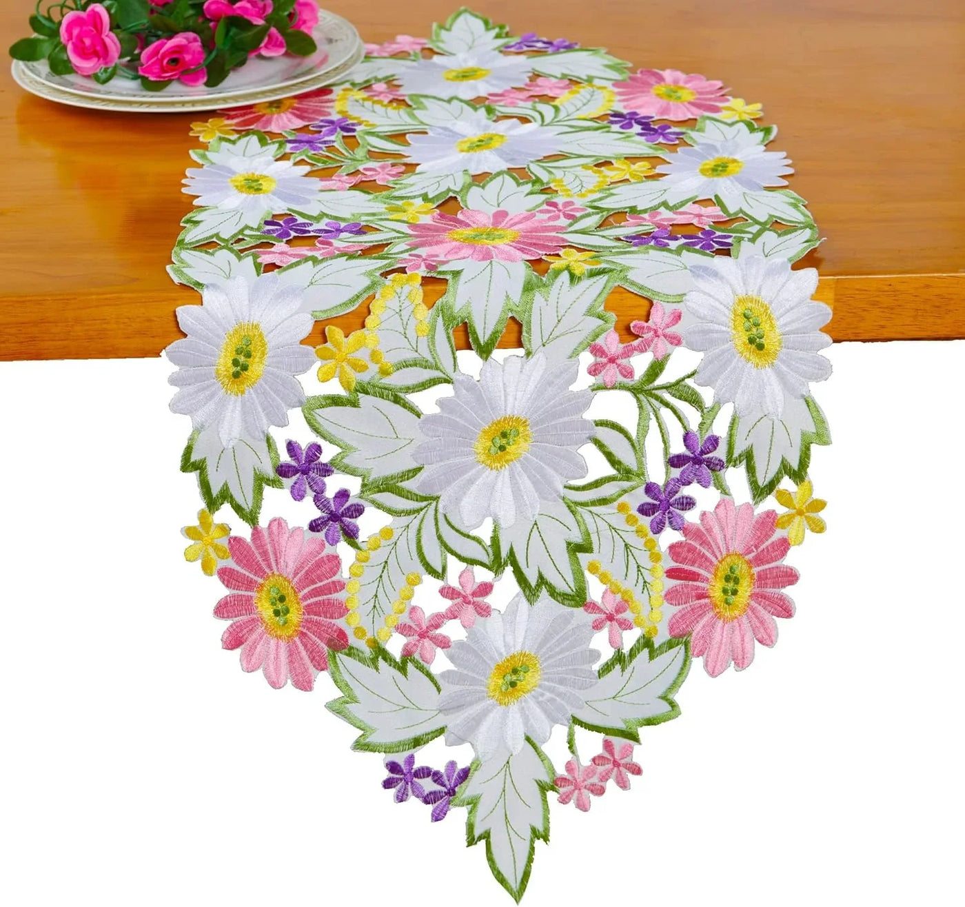 Spring Daisy Table Runners Embroidered Flowery Table Linen for Home Decoration 13 X 34 Inch