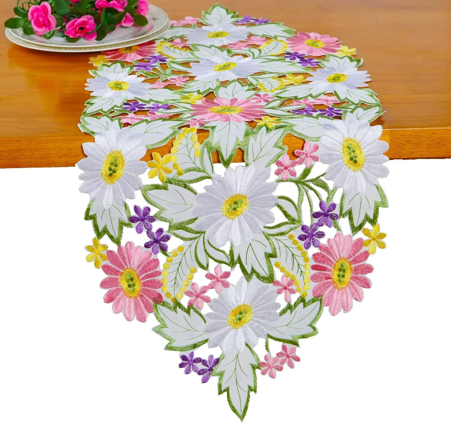 Spring Daisy Table Runners Embroidered Flowery Table Linen for Home Decoration 13 X 34 Inch
