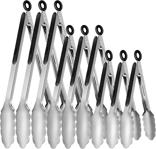 9 Pieces Stainless Steel Kitchen Tongs Grilling Locking Cooking Tongs Non-Slip Metal Food Tongs for Cooking, Salad and BBQ, 7, 9 and 12 Inch