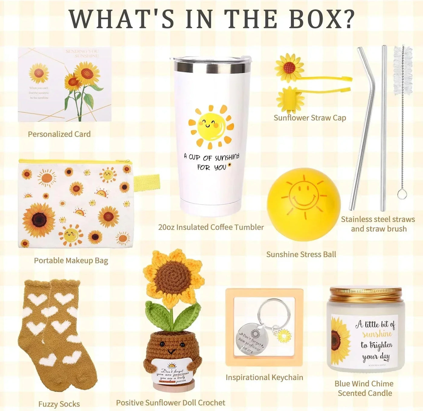 Sunshine-themed gift set with insulated tumbler, sunflower accessories, stress ball, scented candle, and cozy socks