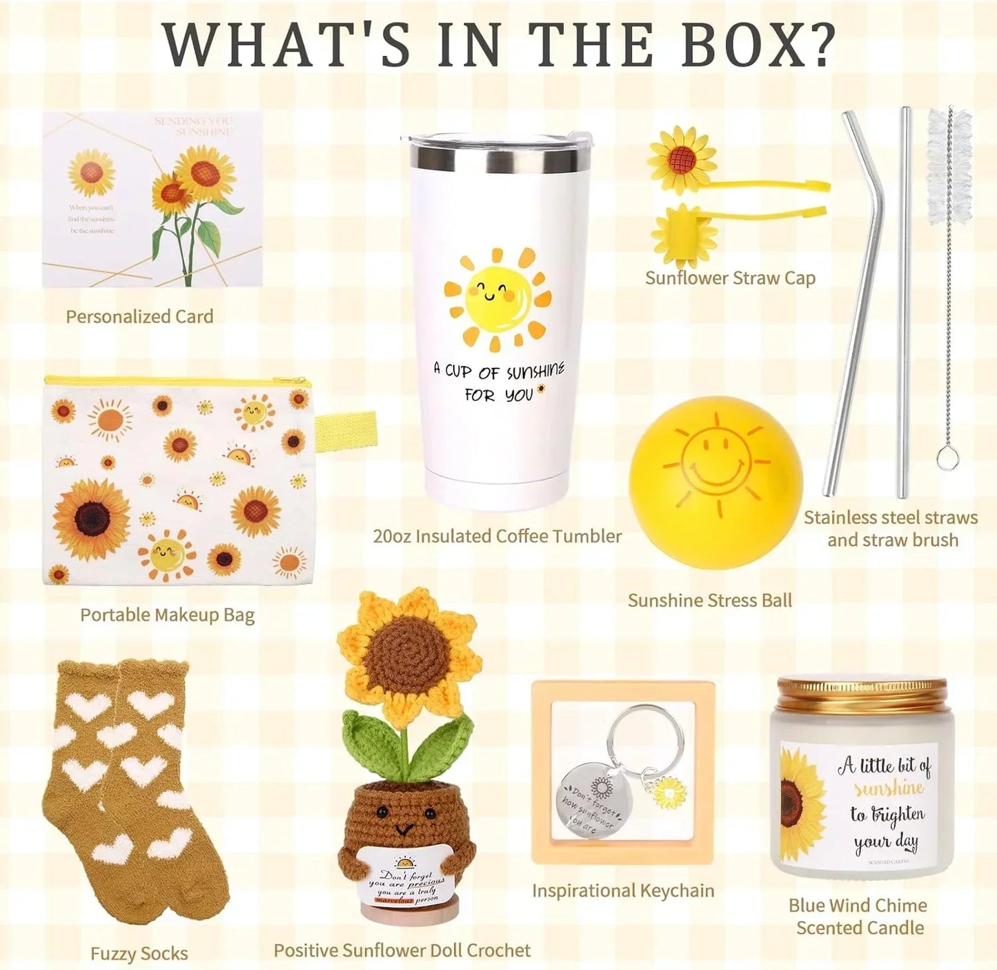 Sunshine-themed gift set with insulated tumbler, sunflower accessories, stress ball, scented candle, and cozy socks