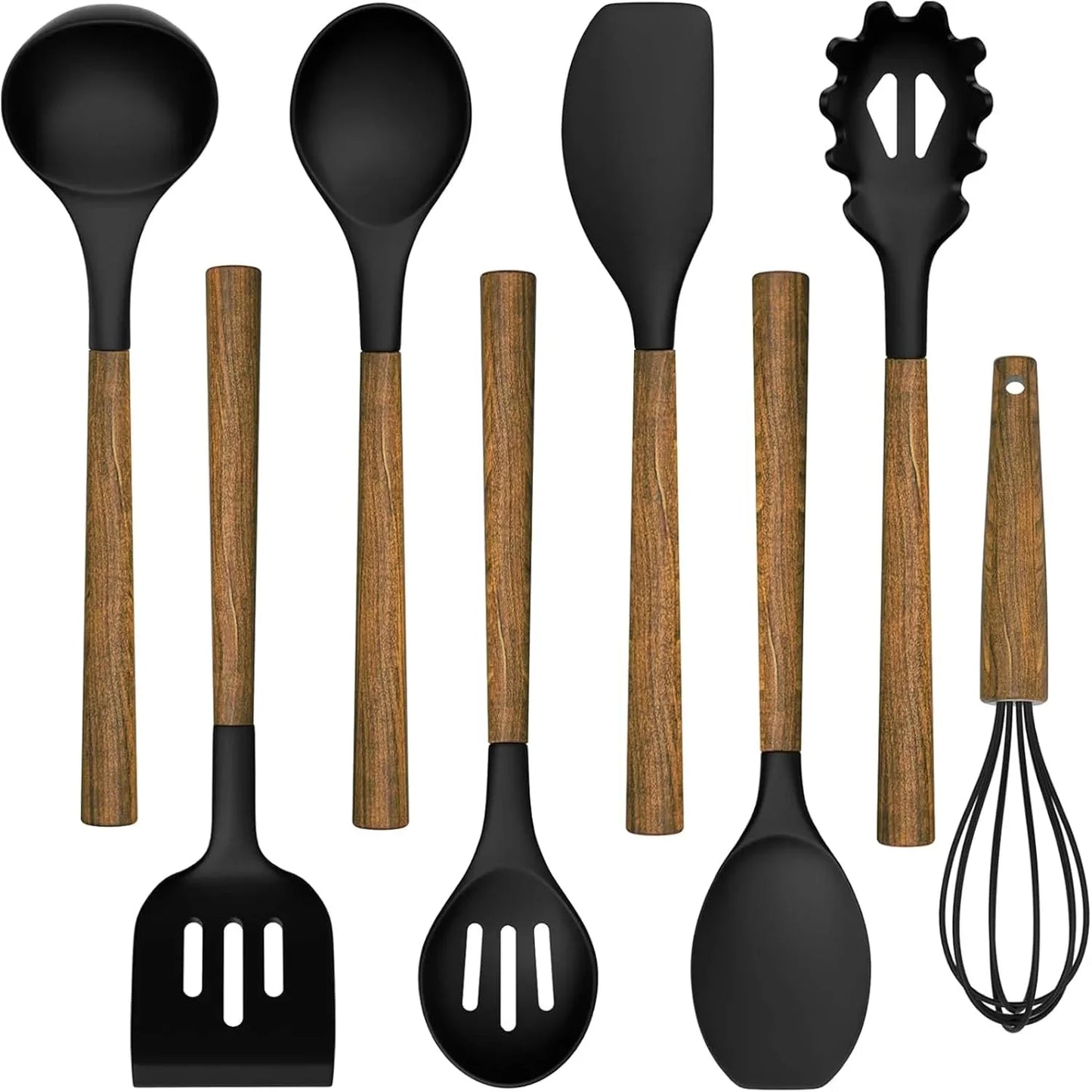 Silicone Cooking Utensil Set,  8-Piece Kitchen Utensils Set with Natural Acacia Wooden Handles,Food-Grade-Silicone Kitchen Gadgets Spatulas Set for Nonstick Cookware- Black