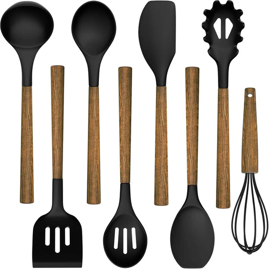 Silicone Cooking Utensil Set,  8-Piece Kitchen Utensils Set with Natural Acacia Wooden Handles,Food-Grade-Silicone Kitchen Gadgets Spatulas Set for Nonstick Cookware- Black