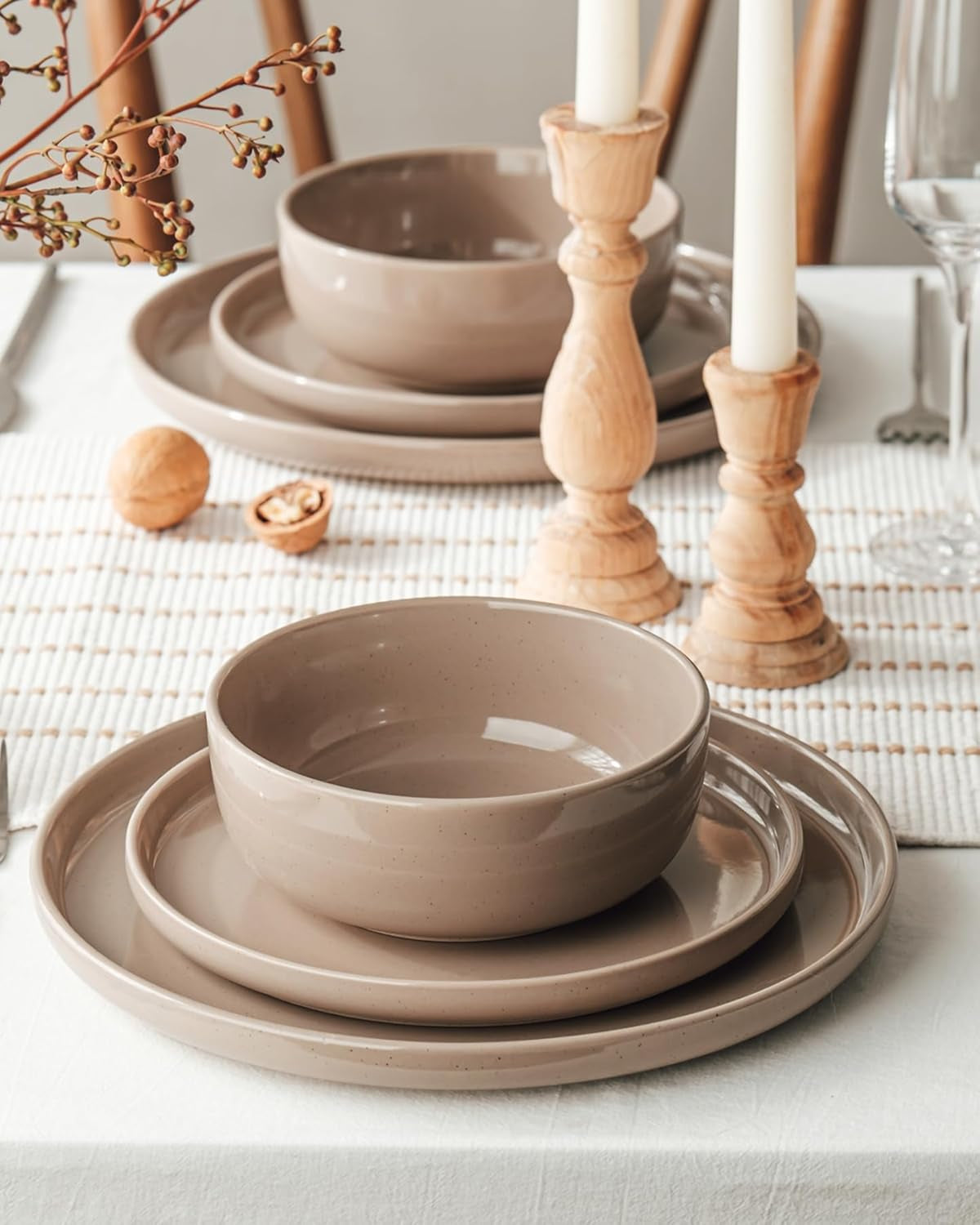 Milkyway Dinnerware Sets, 24 Piece Dish Set, Plates and Bowls Sets for 8, Cinnamon Brown
