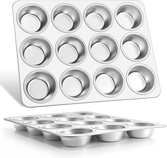 Muffin Pan 12-Cup, Set of 2, Stainless Steel Cupcake Pan Metal Muffin Baking Tins for Oven, Regular Size & Easy Clean, Non-Toxic & Dishwasher Safe