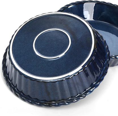 2 Pack Ceramic Pie Pans, 10 Inch Deep Fluted Pie Plate, 54 Ounce round Baking Dish for Quiche, Apple Pecan Pie, Pot Pie, Blue