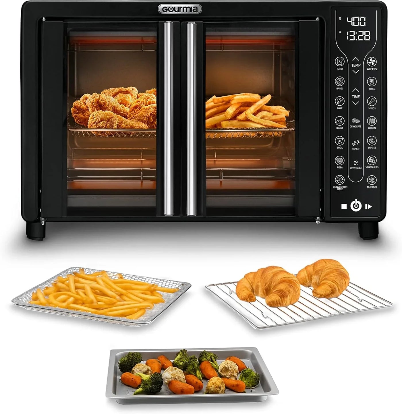 French Door Air Fryer – 25 Qt Large Capacity Convection Oven, Fryforce 360°, Digital Display with 17 Cooking Presets, Bake, Toast, Roast, Dehydrate, Fits 12” Pizza