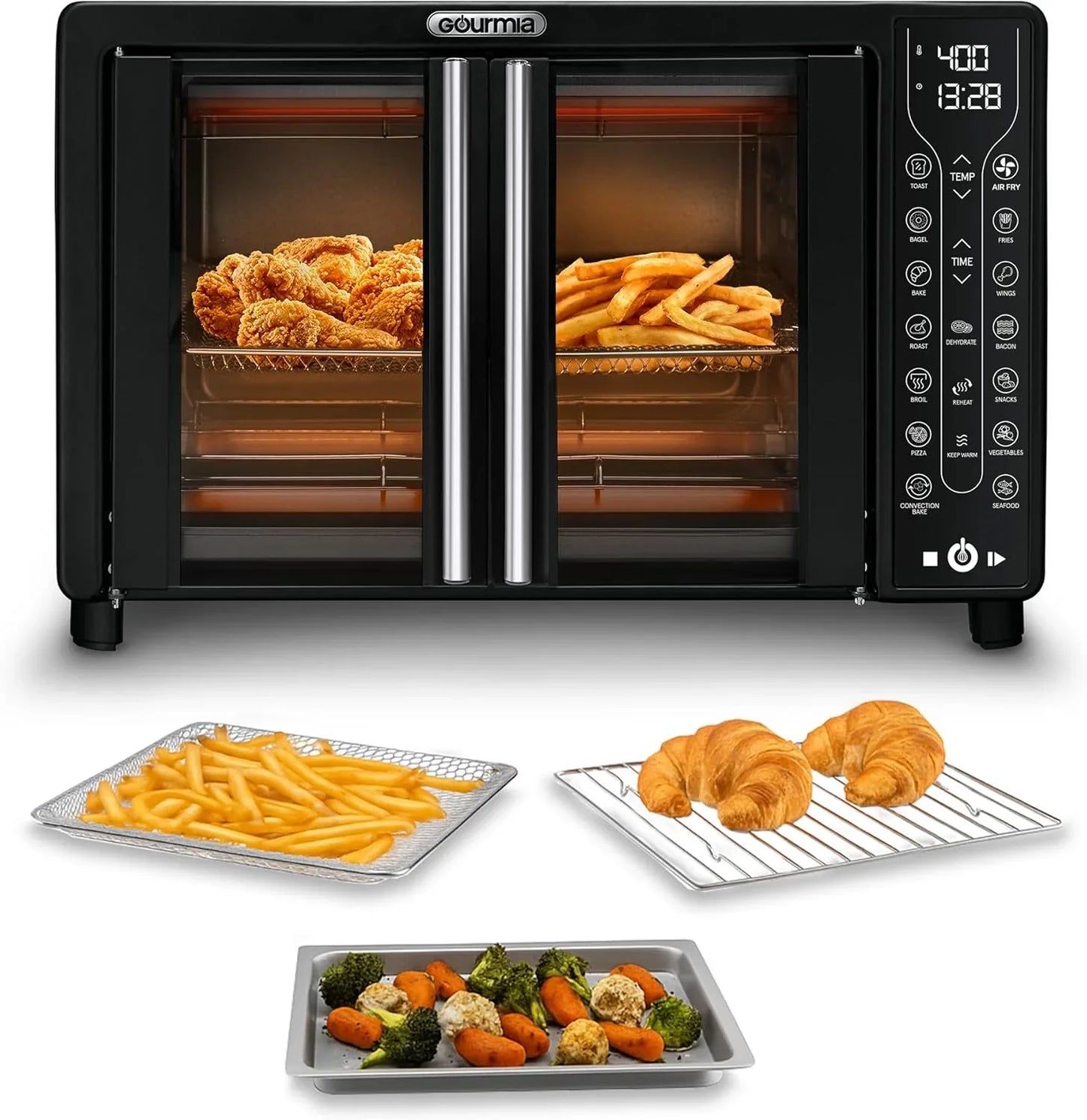 French Door Air Fryer – 25 Qt Large Capacity Convection Oven, Fryforce 360°, Digital Display with 17 Cooking Presets, Bake, Toast, Roast, Dehydrate, Fits 12” Pizza