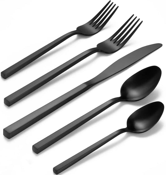 Cube Black 20-Piece Forged Silverware Set Stainless Steel Flatware Set,Service for 4,Matte Satin Polished Cutlery Set,Dishwasher Safe
