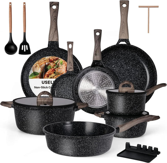 Ceramic Cookware Set 22 Piece Nonstick Pots and Pans Set Non Stick Kitchen Cooking Sets 8"Frying Pans with Lid,Black Granite Non-Toxic Induction Kitchen Cookware W/Glass Lids Pfos/Pfoa-Free