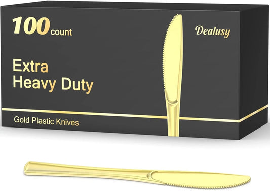 100 Count Heavy Duty Gold Plastic Knives Disposable, Bpa-Free, Heat Resistant, Solid and Durable Premium Plastic Disposable Knives for Party Supply
