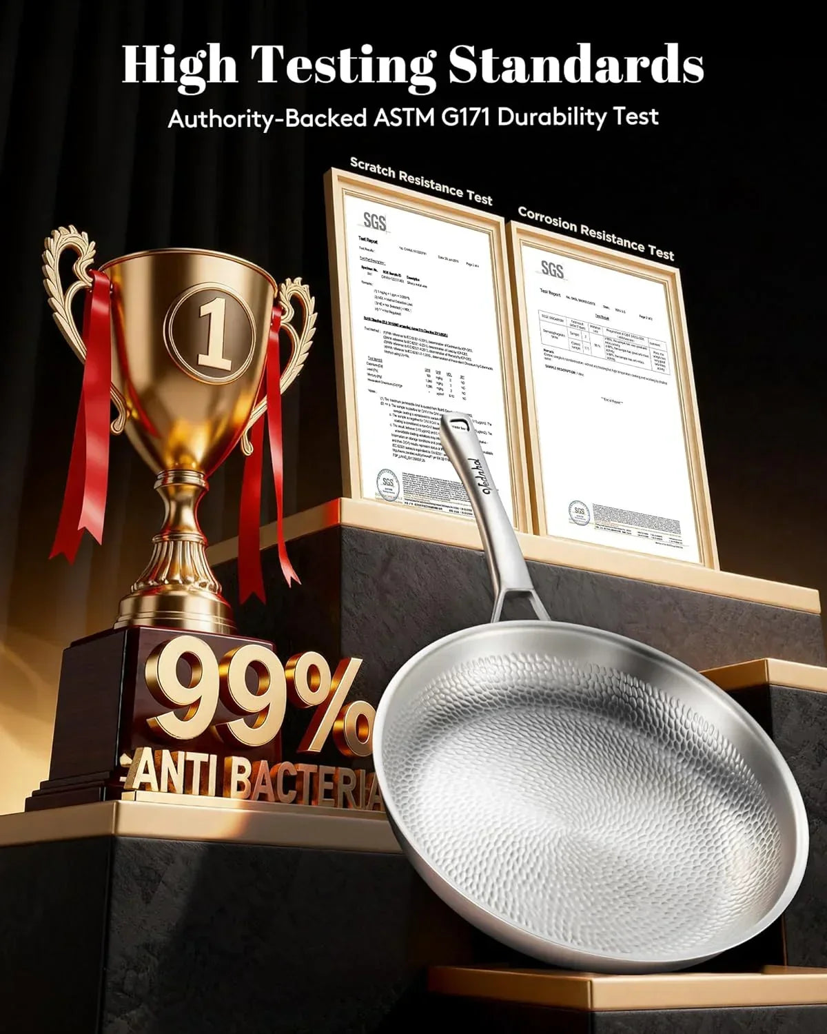 Durable stainless steel frying pan with 99% antibacterial rating, ASTM tested, award-winning kitchen cookware