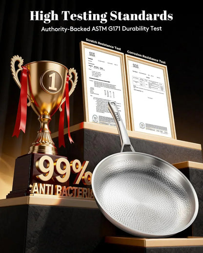 Durable stainless steel frying pan with 99% antibacterial rating, ASTM tested, award-winning kitchen cookware