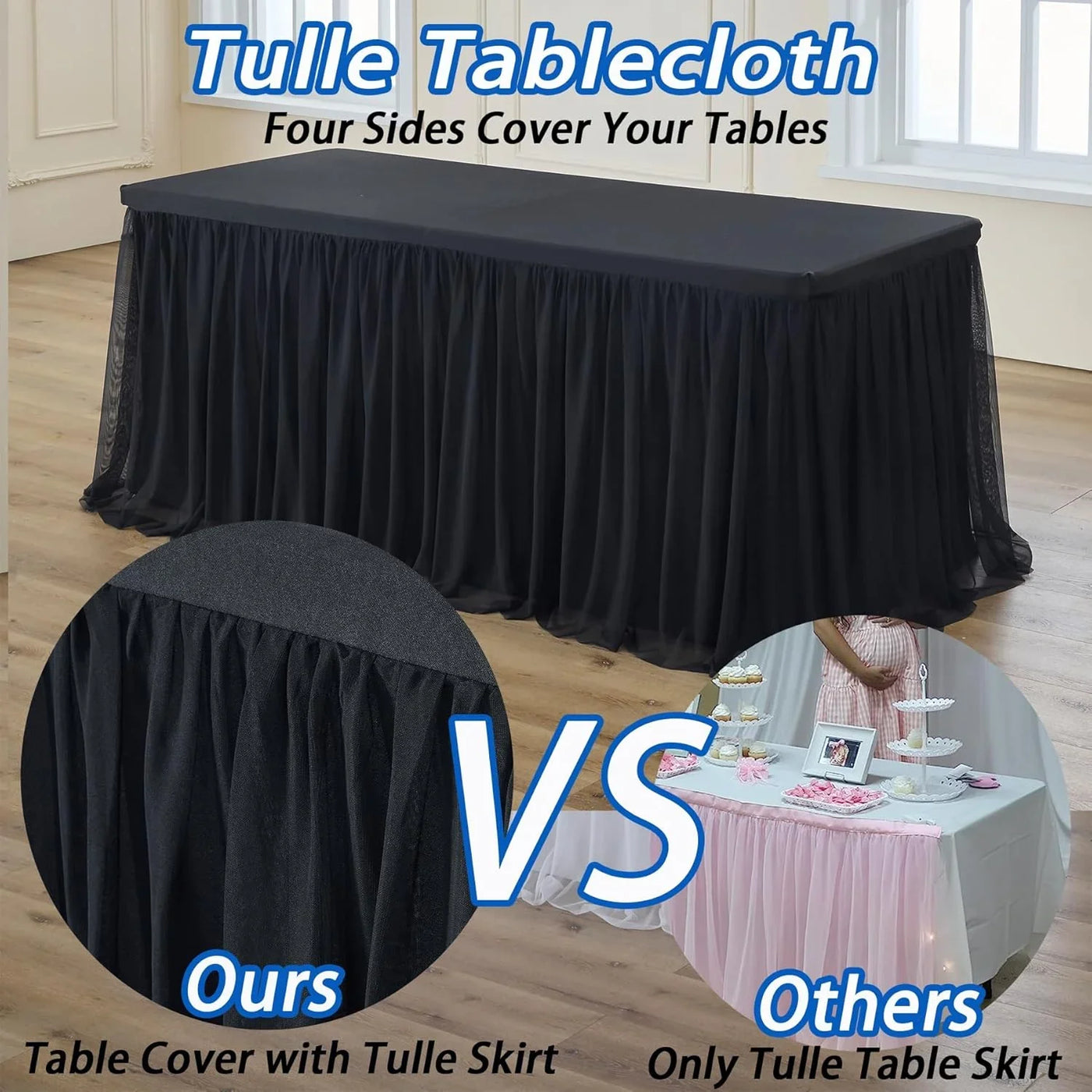 6 Pk 6Ft Black Tulle Tablecloth for Rectangle Tables, 2-In-1 Table Covers with Tulle Skirt,Wrinkle Free Stretchy Ruffle Tulle Table Cloths Fitted for Wedding Party Banquet Vendor