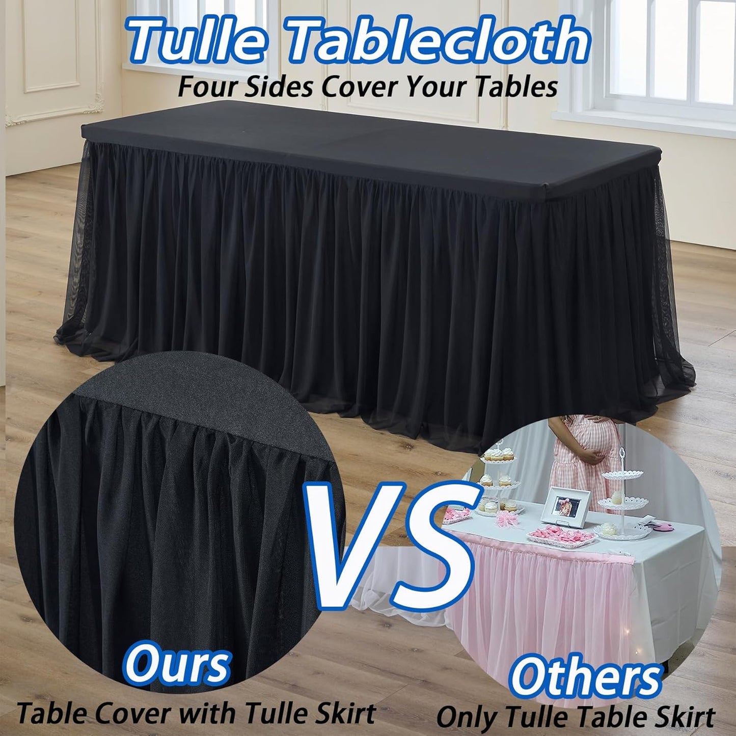 6 Pk 6Ft Black Tulle Tablecloth for Rectangle Tables, 2-In-1 Table Covers with Tulle Skirt,Wrinkle Free Stretchy Ruffle Tulle Table Cloths Fitted for Wedding Party Banquet Vendor