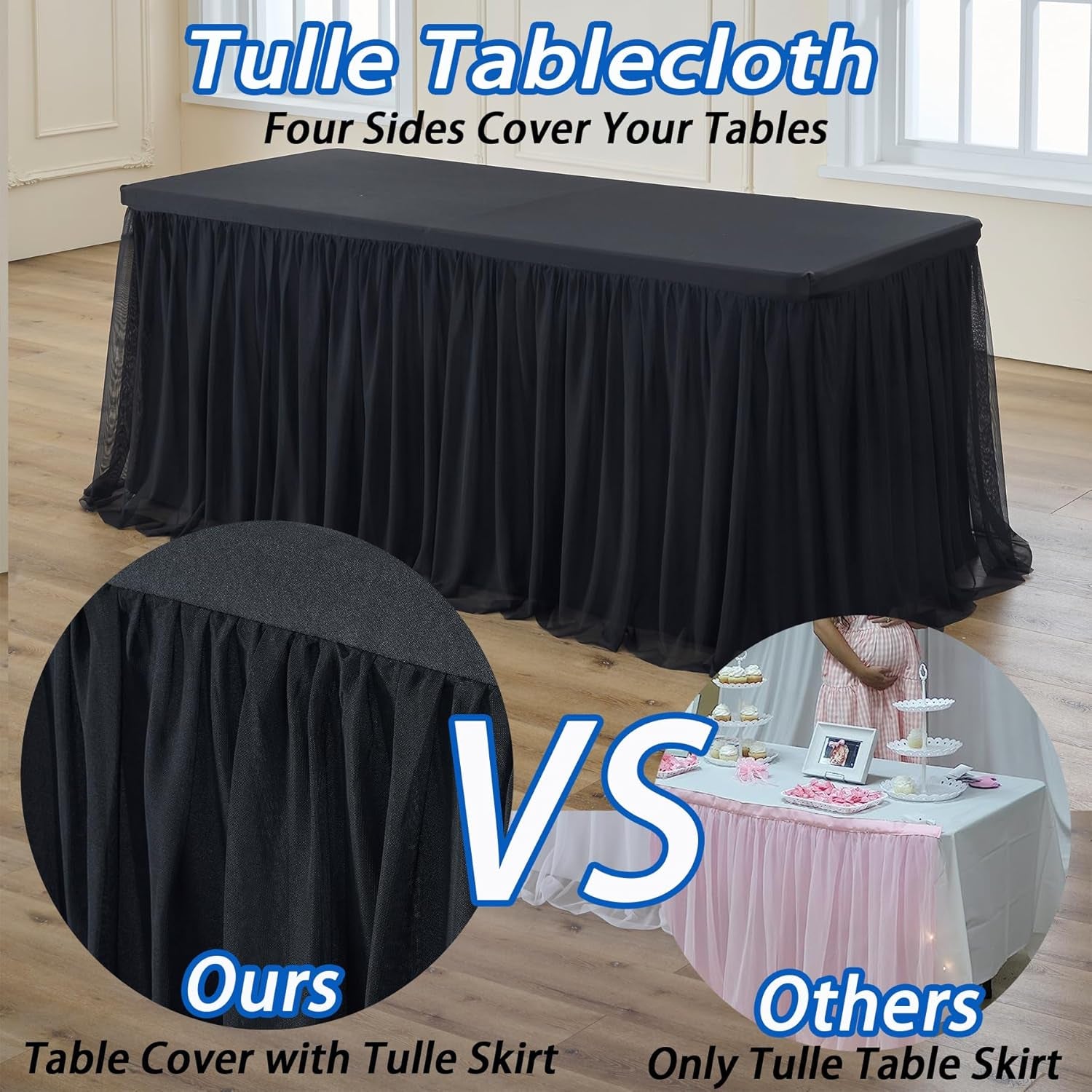 6 Pk 6Ft Black Tulle Tablecloth for Rectangle Tables, 2-In-1 Table Covers with Tulle Skirt,Wrinkle Free Stretchy Ruffle Tulle Table Cloths Fitted for Wedding Party Banquet Vendor