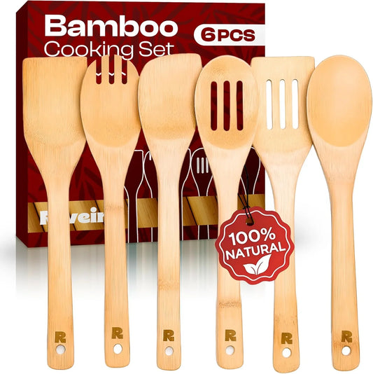 Bamboo Cooking Spoons 6-Piece – Wooden Cooking Utensils Set with Wooden Spoons for Cooking & Spatulas Wooden Utensil Sets – Premium Kitchen Utensils Set – Durable First Apartment Essentials