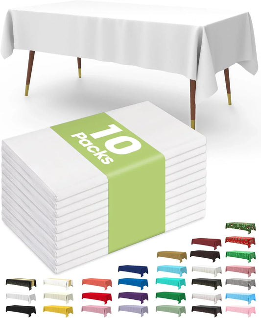 Plastic Table Cloth 10 Pack, 54 X 108 Inch Disposable Table Cloths for Party, Picnic and Wedding, Rectangle, White