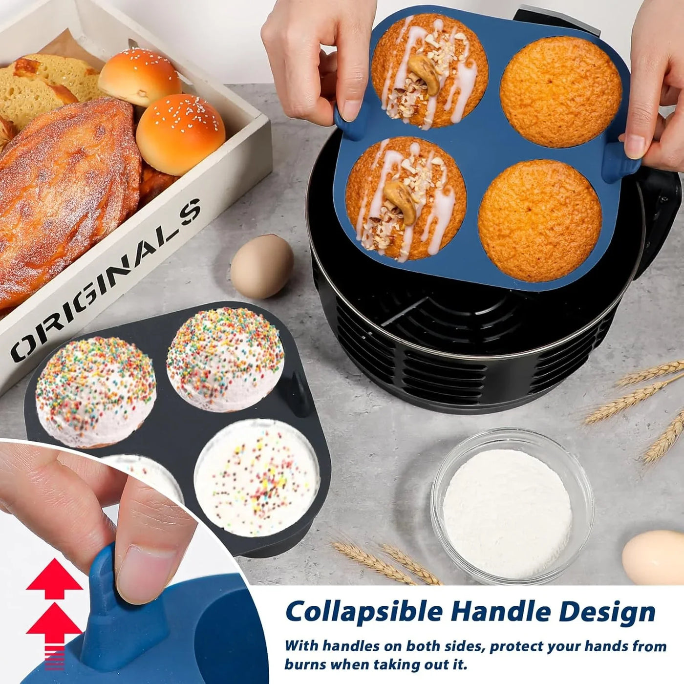 2PCS Jumbo Silicone Air Fryer Muffin Pan for Baking, 4-Cavity Egg Bites Silicone Mold, Nonstick BPA Free Muffin Tins Baking Cups