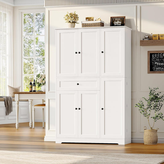 68" Tall Kitchen Pantry Storage Cabinet, Modern Kitchen Hutch Cabinet with Doors and Shelves, Freestanding Food Pantry with Large Storage Drawer for Dining Room, Living Room, White