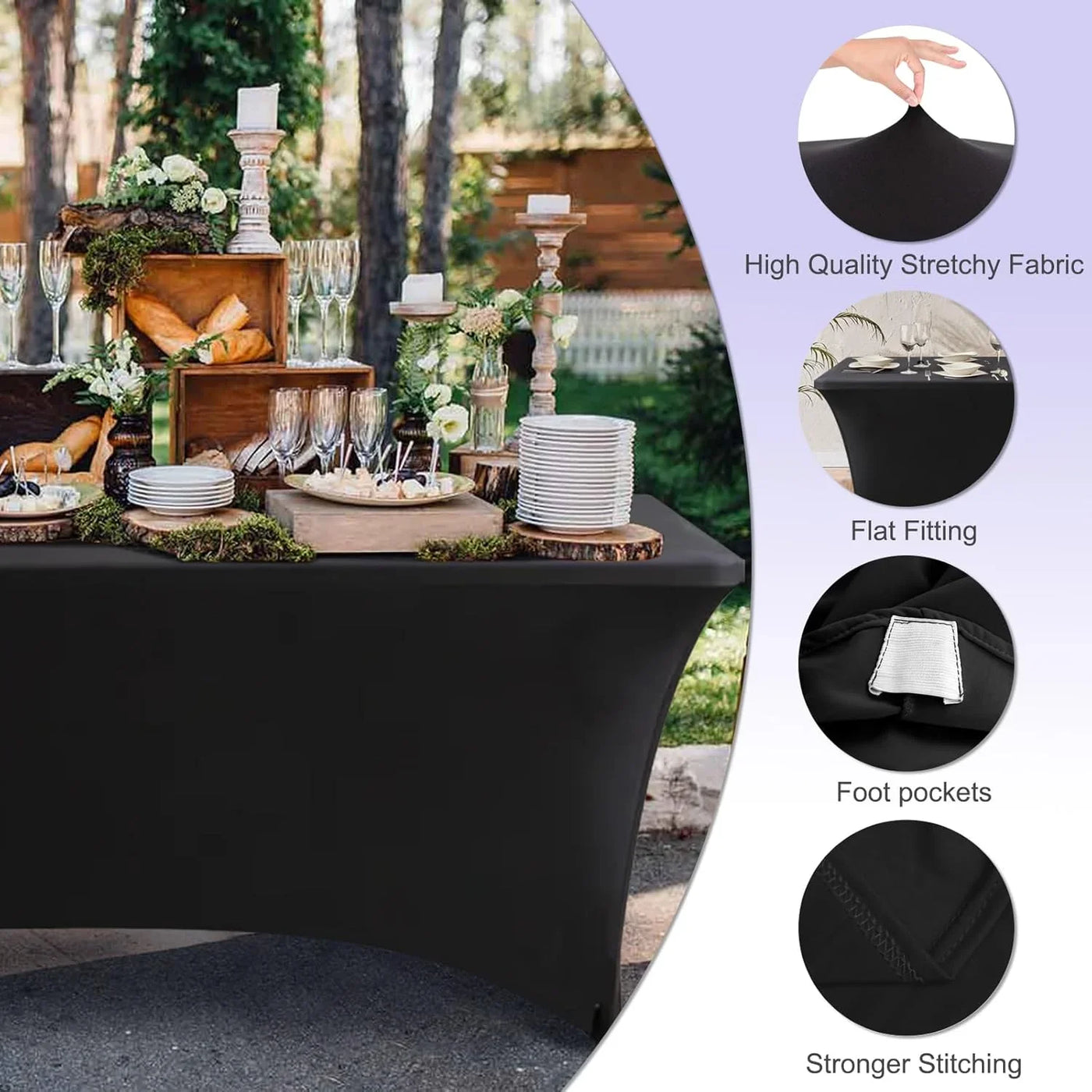 6 FT Black Spandex Table Cover Stretch Fitted Wrinkle Resistant Tablecloth Reuse for Rectangular Folding Table Patry Event Wedding Banquet Protector