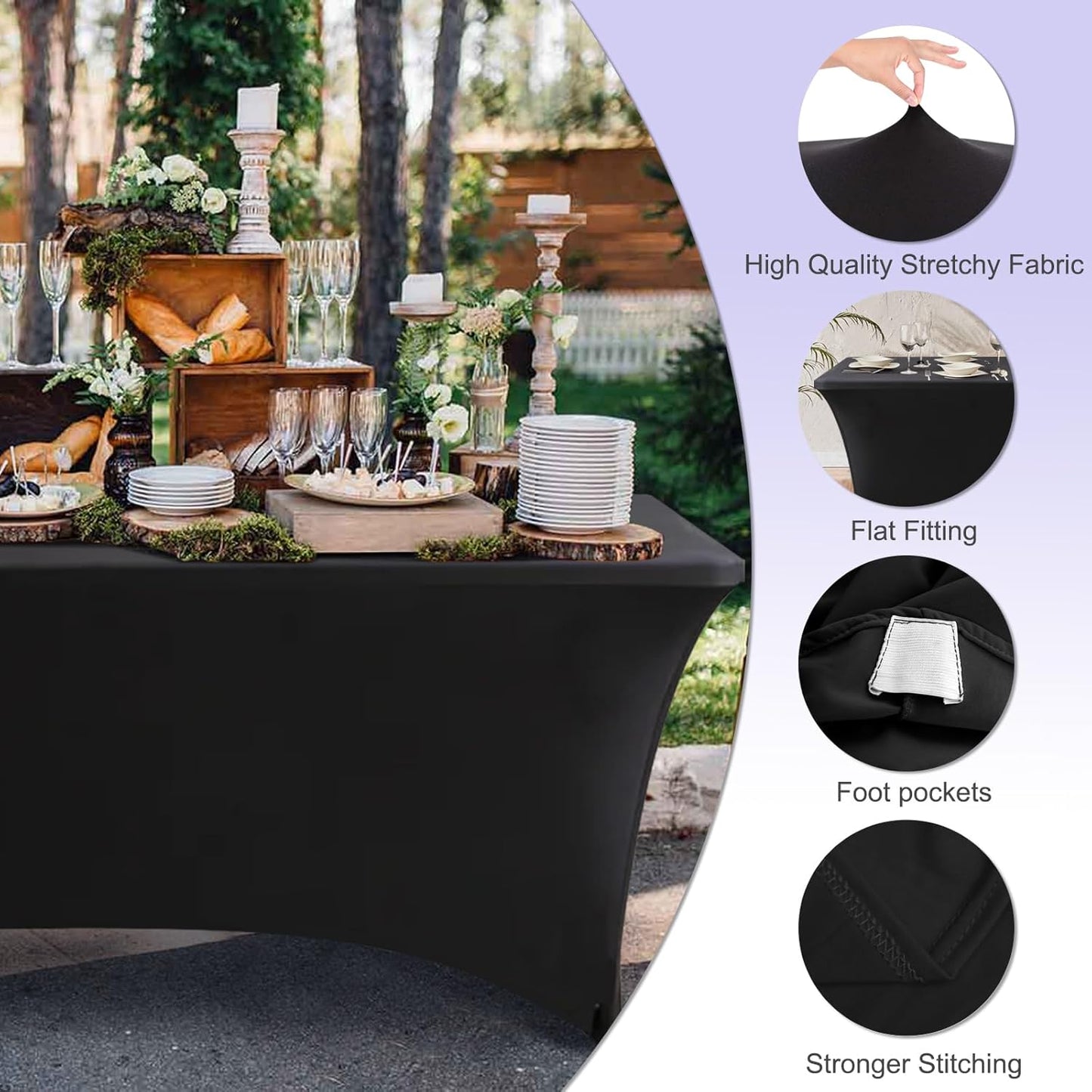 6 FT Black Spandex Table Cover Stretch Fitted Wrinkle Resistant Tablecloth Reuse for Rectangular Folding Table Patry Event Wedding Banquet Protector