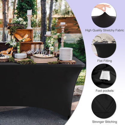 6 FT Black Spandex Table Cover Stretch Fitted Wrinkle Resistant Tablecloth Reuse for Rectangular Folding Table Patry Event Wedding Banquet Protector