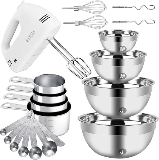Hand Mixer Electric Mixing Bowls Set, 5 Speeds Handheld Mixer with 4 Nesting Stainless Steel Mixing Bowl, Measuring Cups Spoons 200W Kitchen Blender Whisk Beater Baking Supplies for Beginner