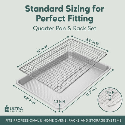 Quarter Sheet Pan with Wire Rack Set - Includes Premium Aluminum Baking Sheet with 100% Stainless Steel Baking Rack, Cookie Cooling Racks with 1/4 Pan Commercial Quality