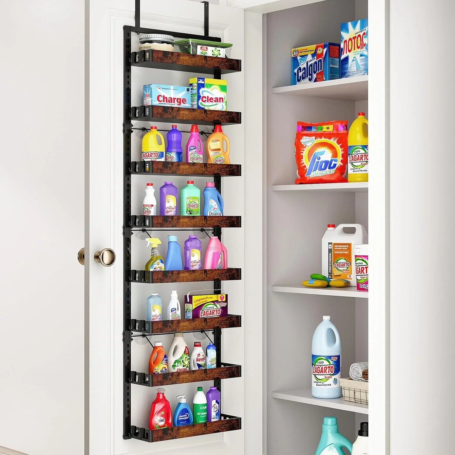 over the Door Pantry Organizer, 8-Tier Adjustable Wooden Basket Kitchen Pantry Door Organization and Storage, 2 in 1 Wall Mount or Hanging Heavy-Duty Metal Hanging Kitchen Spice Rack, 1 Pack
