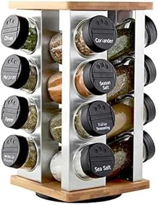16 Jar Warner Revolving Countertop Spice Rack Organizer with Lift & Pour Caps and Spices Included, FREE Spice Refills for 5 Years, Stainless Steel & Bamboo with Black Caps