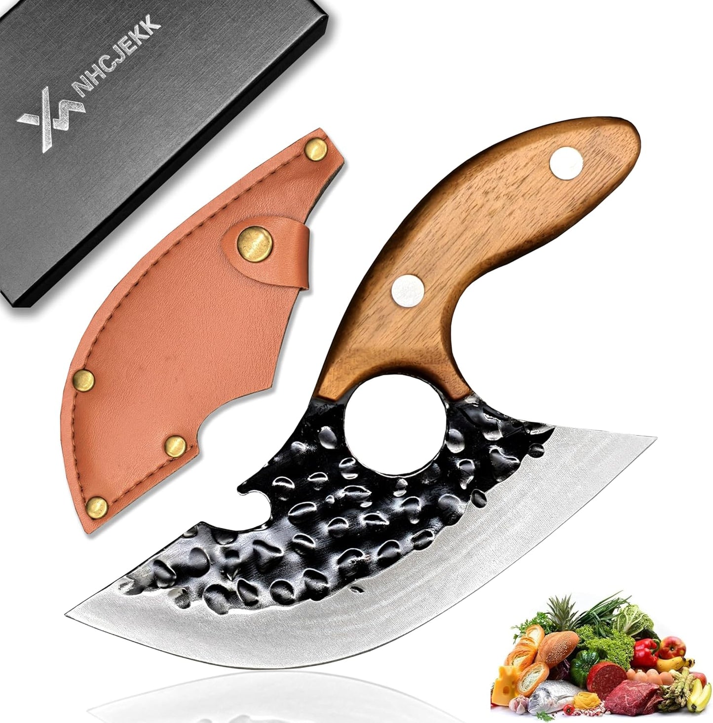 Chef Kitchen Knife,Hand Forged High Carbon Steel Cooking Cutting Knife, Non Stick Blade with Wooden Handle & Sheath,Japanese Style for Home Camping BBQ (Ideal Gift for Men Women)