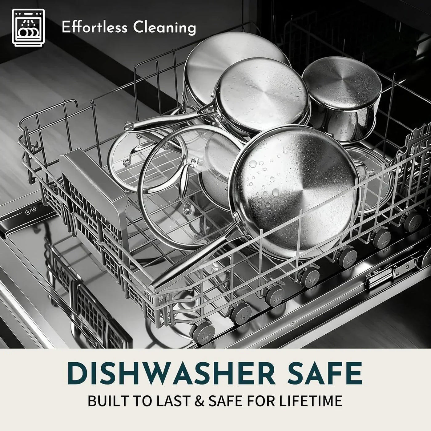 Dishwasher safe stainless steel cookware set with lids, effortless cleaning, built to last for lifetime kitchen use