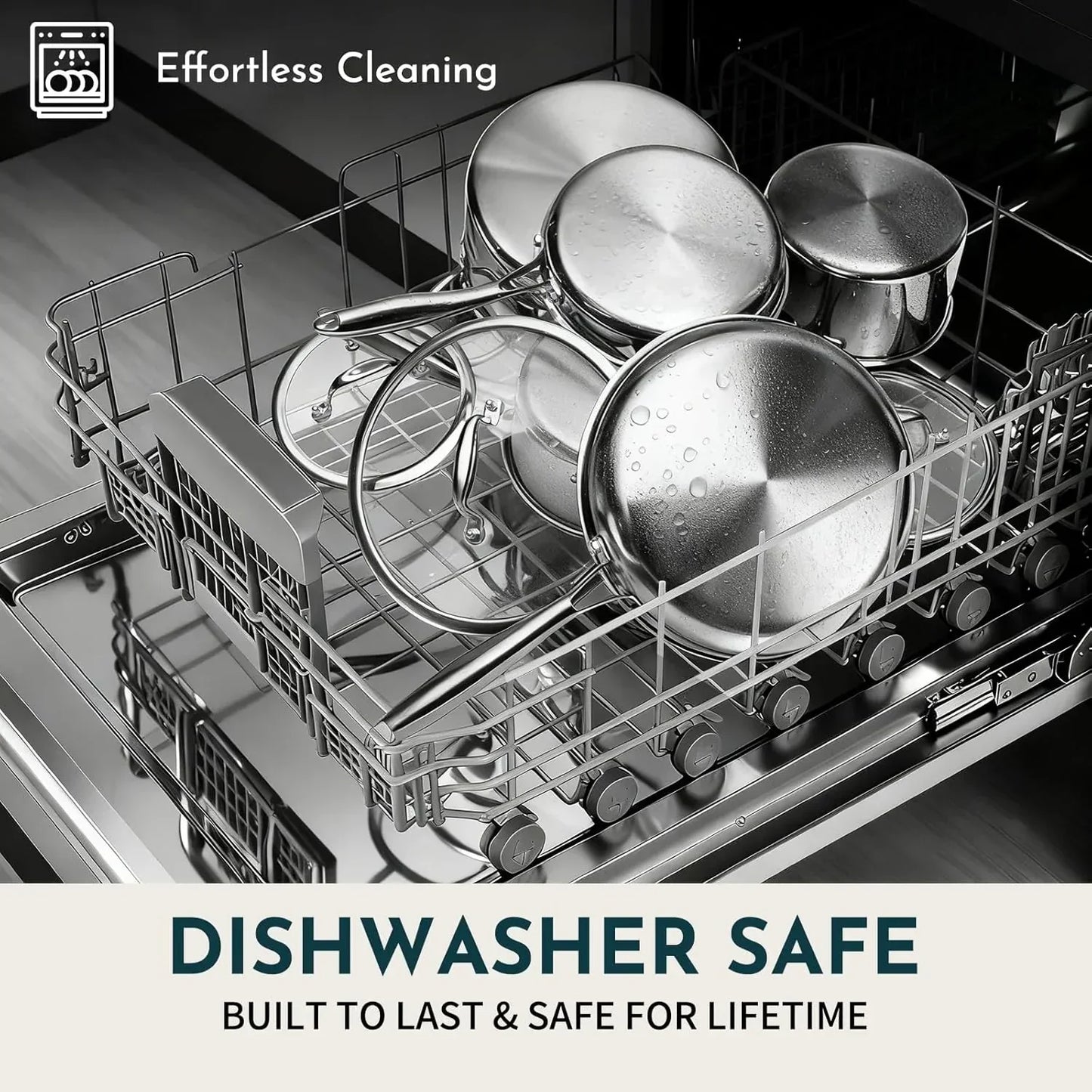 Dishwasher safe stainless steel cookware set with lids, effortless cleaning, built to last for lifetime kitchen use