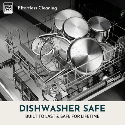 Dishwasher safe stainless steel cookware set with lids, effortless cleaning, built to last for lifetime kitchen use