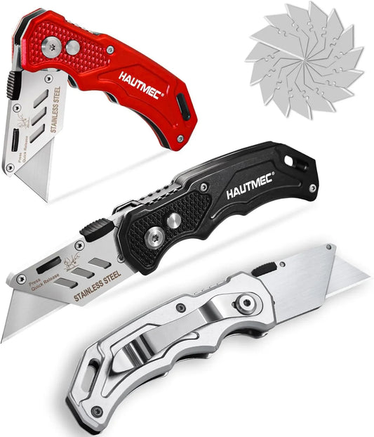 3-Pack Folding Utility Knife, Heavy-Duty Aluminum Box Cutter with Quick-Change Blades & Lock-Back Safety Design, Ergonomic Streamlined Grip Includes 15 Extra SK5 Blades, HT0429
