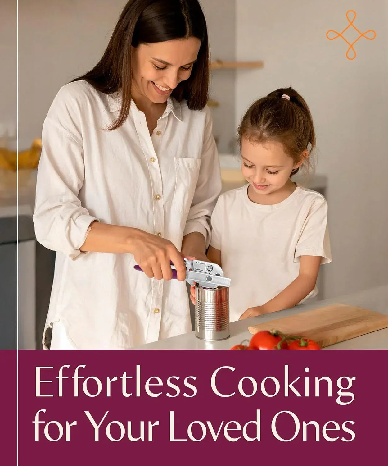 Mom and daughter using can opener in kitchen, effortless cooking tools for family meals
