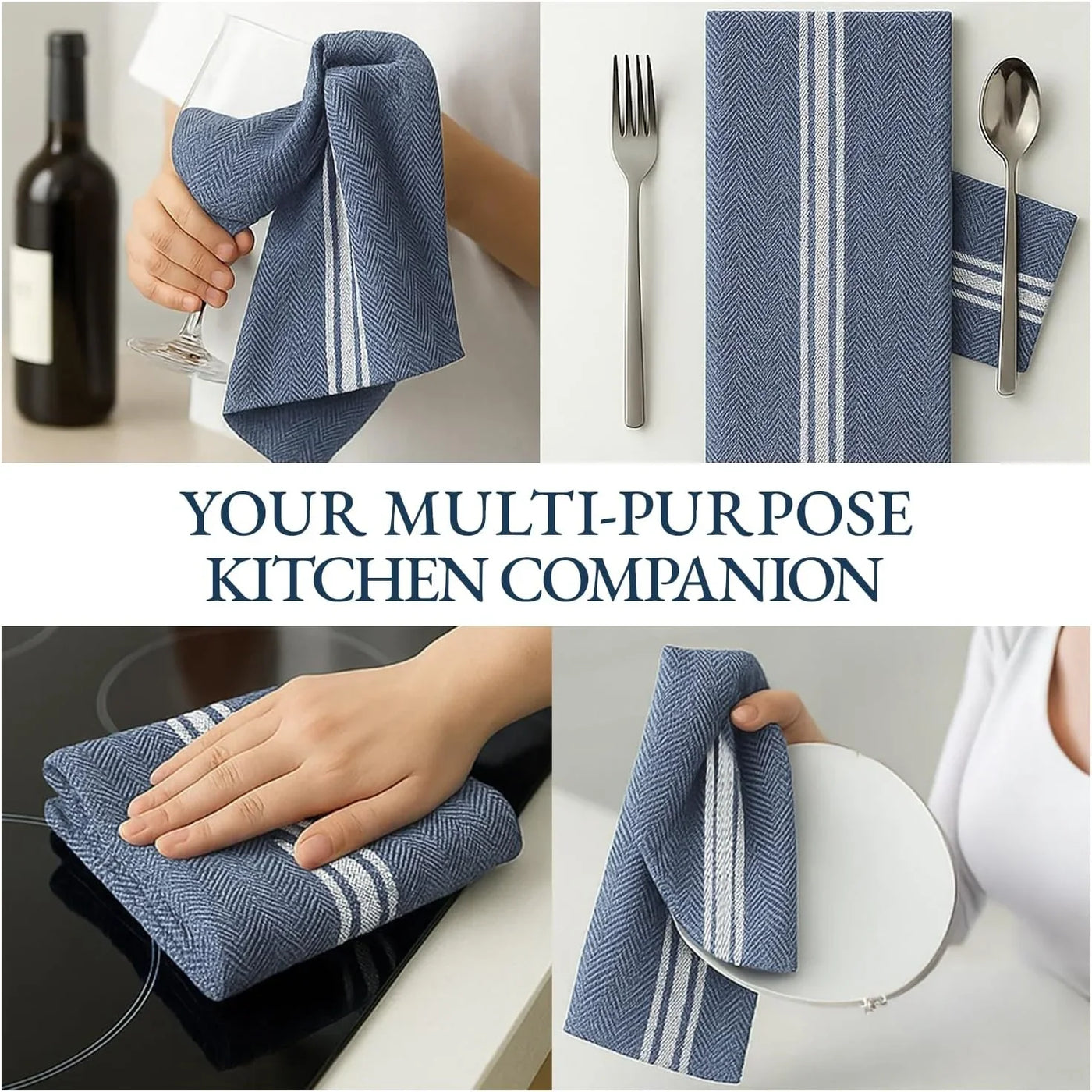 Kitchen Towel Set, 6 Pack 100% Cotton Hand Towels for Kitchen, Dish Towels for Drying Dishes, Lint Free, 14"X25", Good for Cleaning Windows, Ceramic Surface, Glass Stovetops - Blue Chambray