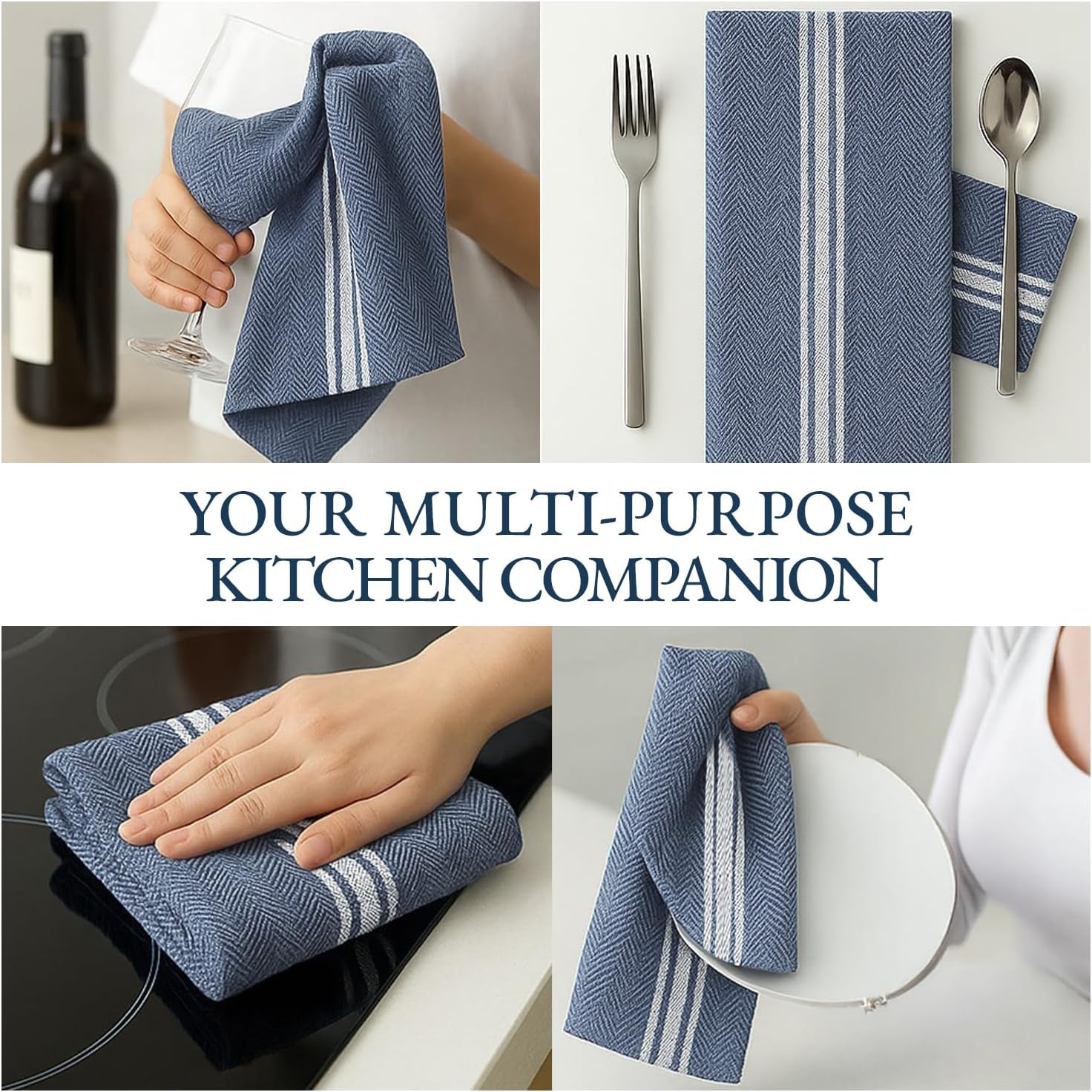 Kitchen Towel Set, 6 Pack 100% Cotton Hand Towels for Kitchen, Dish Towels for Drying Dishes, Lint Free, 14"X25", Good for Cleaning Windows, Ceramic Surface, Glass Stovetops - Blue Chambray
