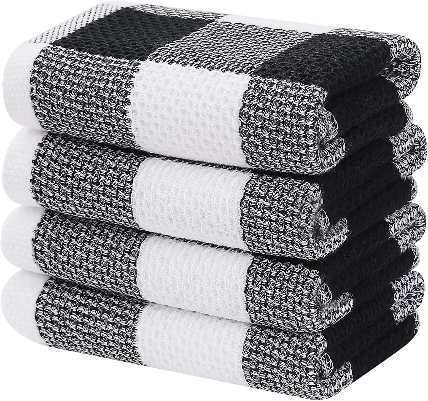 100% Cotton Waffle Weave Check Plaid Kitchen Towels, 13 X 28 Inches, Super Soft and Absorbent Dish Towels for Drying Dishes, 4-Pack, White & Black