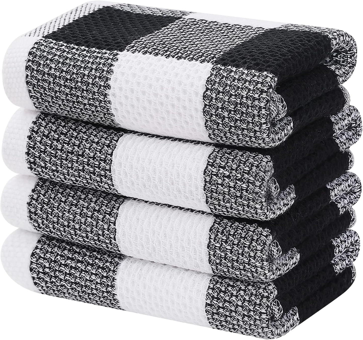 100% Cotton Waffle Weave Check Plaid Kitchen Towels, 13 X 28 Inches, Super Soft and Absorbent Dish Towels for Drying Dishes, 4-Pack, White & Black